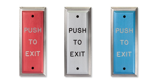 Pushplate 110 in red, brushed aluminum and blue